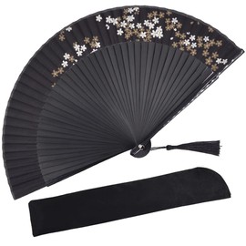 Amajiji Small Folding Hand Fan for Women, Chinese Japanese Vintage Style Bamboo Silk Fans for Party Wedding Dancing Decoration Gift Performance (AM-34)