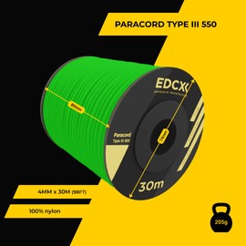 EdcX 4mm Nylon Paracord 550 30m (100 feet) - Type III, 100% Nylon Rope, 7 Strand Rope, 4mm Nylon Rope in Solid Colors (Neon Green, 30 m)