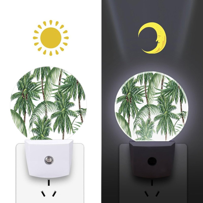 Chrobak Round LED Night Light,Green Leaves Palm Trees LED Night