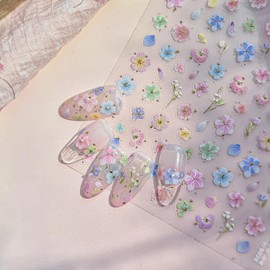 Flower Nail Art Stickers Decals 5D Embossed Flower Self-Adhesive Nail Art Design Stickers Colorful Floral Nails Decorations Spring Floral Manicure Supply for Women Nails Decoration