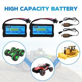 AMZZN 2PCS 7.4V 1000mAh 2S 10C Li-ion Battery with SM-3P Plug and USB Charging Cable for DE82 TK3086B G20601 RC Car TK-3082B Stunt Flipping Car C60 Truck Battery
