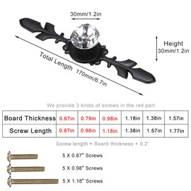 ESreake Drawer Dresser Knobs Pull Handles,Large Size Black Diamond Clear Crystal Glass Decorative Knobs with Plate,Cabinet Cupboard Door Knobs with Screws for Kitchen Office (5 Pack, Large, Black)