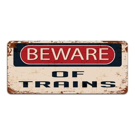 Print Crafted - Beware Of Trains - Vintage Metal Sign | Railway Locomotive Trainspotting Caution Sign