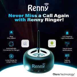 RENNY - Loud Cell Phone Ringer, Amplifier & Flasher for Hearing Impaired & Noisy Environments (117dB) | Wireless Bluetooth Auto-Connect | 5 Selectable Ringtones | No Missed Calls