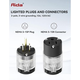AIDA Lighted Plug and Connector Set, Straight Blade Cord End Replacement, 15 Amp 125Volt, NEMA 5-15P & NEMA 5-15R, 2 Pole 3Wire Grounding, Black, 1 Set