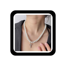 Zeshimb Faux Pearl Necklace Choker Tiny Cubic Zirconia Cross Necklace Imitation Pearl Chain Crucifix Necklace CZ Faith Cross Pendant Necklace Y2K Jewelry for Women