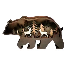 CREATCABIN Christmas Decorations Display Bear Multi Layer 3D Wood Carving Forest Animal Elk Wooden Crafts Xmas Desktop Ornaments 7.09 x 3.86inch