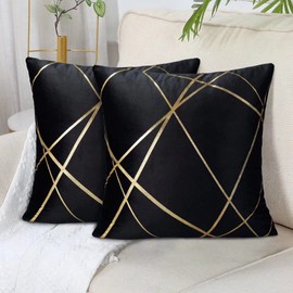 DecorMommt Velvet Cushion Cover Black 16 x 16 Inch Decorative Throw Pillow Covers Gold Lines Square Geometry Pattern Cushion Case Soft Home For Living Room Bedroom Pack of 2