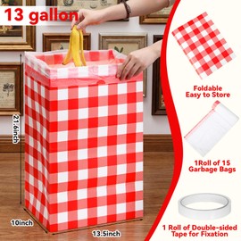 Yungyan 6 Pack Disposable Trash Cans for Parties 13 Gallon Large Portable Garbage Cans with Fitted Bags Red White Plaid Cardboard Recycling Bins for Events Kitchen Picnic Camping, 21.6" x 13.5" x 10"