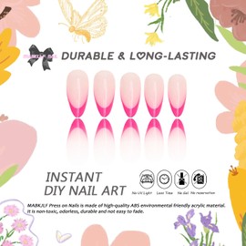 Press on Nails Medium Almond MABKJLF Hot Pink French Tip Fake Nails Pink Full Cover False Nails with Designs Glossy False Nails with Nail Glue Artificial Acrylic Nails for Women Girls 24 Pcs
