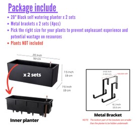 LaLaGreen Rail Planter for Balcony Outdoor (2 Pack, 20 Inch) Large Black Self Watering Railing Planters with Brackets, Rectangular Plastic Deck Fence Window Box Designer Choice with Rattan Pattern