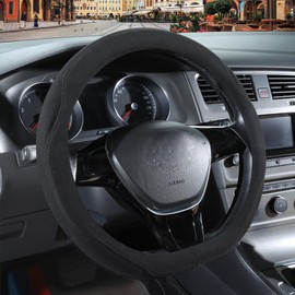 Binsheo Black Suede D Shaped Steering Wheel Cover, Breathable Non-Slip Sweat-Proof Wear-Resistant No Pilling, Warm in Winter and Cool in Summer, Universal 15 inch