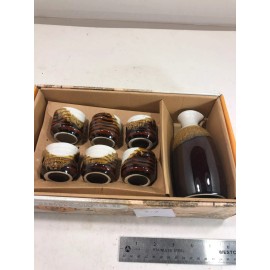 JAPANESE ceramic sake set, 1 bottle with 6 cups, brown w/ white dip Design #47