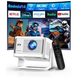 Smart Projector with 4K 8K Support, Android 14 Mini Projector with WiFi6 and Bluetooth5.4, 600 ANSI, Auto Focus & Obstacle Avoidance, 1080P Portable Movie Projector for Home Outdoor, Alwtniet HY350Max