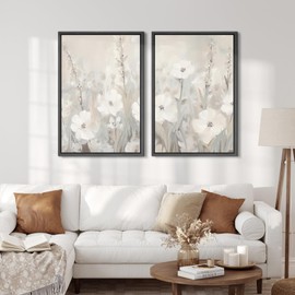 SIGNFORD Framed Canvas Print Wall Art Set Neutral Floral Elegant White Wildflowers in Soft Pastel Tones Illustration Modern Art Decorative Nature for Living Room, Bedroom, Office - 16"x24"x2 Black