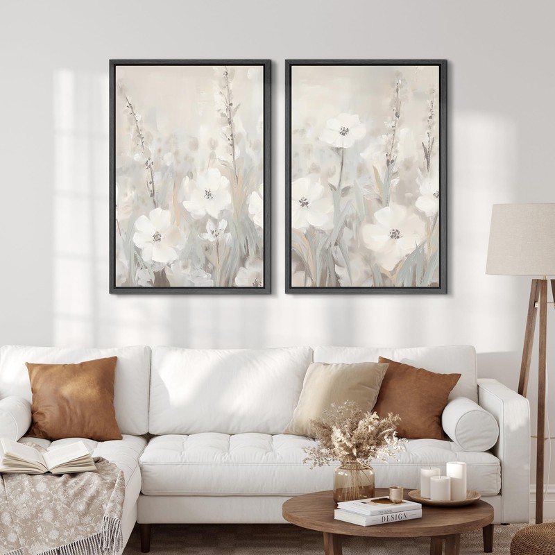 SIGNFORD Framed Canvas Print Wall Art Set Neutral Floral Elegant