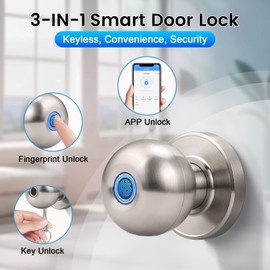 KNOBWELL Fingerprint Door Knob, Smart Door Knob with APP Control, Satin Nickel Keyless Entry Door Lock, Biometric Door Lock with Knob, Smart Lock for Bedroom Door Hotel Office Apartment