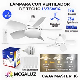 MEGALUZ LV35W14 Ventilador de techo con luz LED, E27, Ventilador de techo pequeño de 76W con luz, Con mando a distancia,3000K-6500K/luminosidad regulable, 3 velocidades, 1900lm