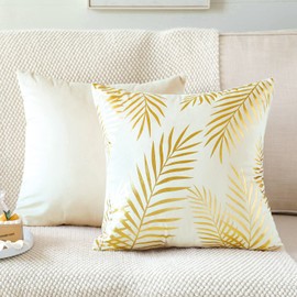 JOTOM Set of 2 Cushion Covers Decor Velvet Throw Pillow Covers Gold Leaves Decorative Pillow Cases Bronzing Flannelette Cushion Cover for Couch Bedroom Sofa Car Home Living Room Decor 50x50cm (Cream)