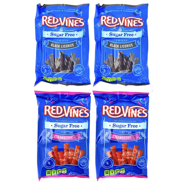 Red Vines Sugar-Free Licorice Variety – Fat-Free and Sugar-Free Black and Strawberry Licorice Twists Pack of 4