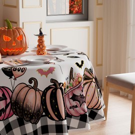 XCHI - Mantel de Halloween redondo rosa espeluznante calabaza Boo lavable para interiores y exteriores, comedor, hogar, fiesta, decoración de mesa, 60 x 60 pulgadas