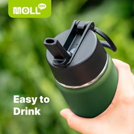Mollcity Kids Water Bottle 16 oz Stainless Steel Double Wall Vacuum Insulated Wide Mouth Water Bottle for School-Metal Leak-Proof Travel Water Flask with Straw (Grass Green)