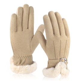 Women Winter Warm Gloves,Khaki Fabric Thick Fleece Lined Gloves, Thermal Touchscreen Gloves Ladies Winter Present for Dressing Cycling Skiing Running Outdoor Sports