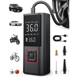 Powools Cordless Tire Inflator Portable Air Compressor - 150PSI Air Pump with Auto Shutoff Function for Car Tires, Inflatables, Motorcycle, Balls, Compact Bike Tire Pump with LED Light, Red, Large