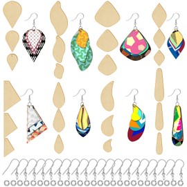 Unfinished Wooden Earrings Wooden Dangle Pendants Blank Wood Earrings 48 Pieces Natural Wood Charms with 48 Pieces Earring Hooks and 48 Pieces Jump Rings for Jewelry Craft Making Supplies