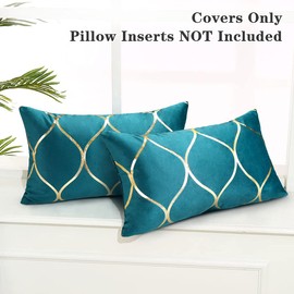 Hanrunsi Oblong Cushion Covers Teal Blue with Gold 12x20 Inch Velvet Throw Pillowcase Decorative Cushions for Office Sofa Bedroom 30cmx50cm Pack of 2
