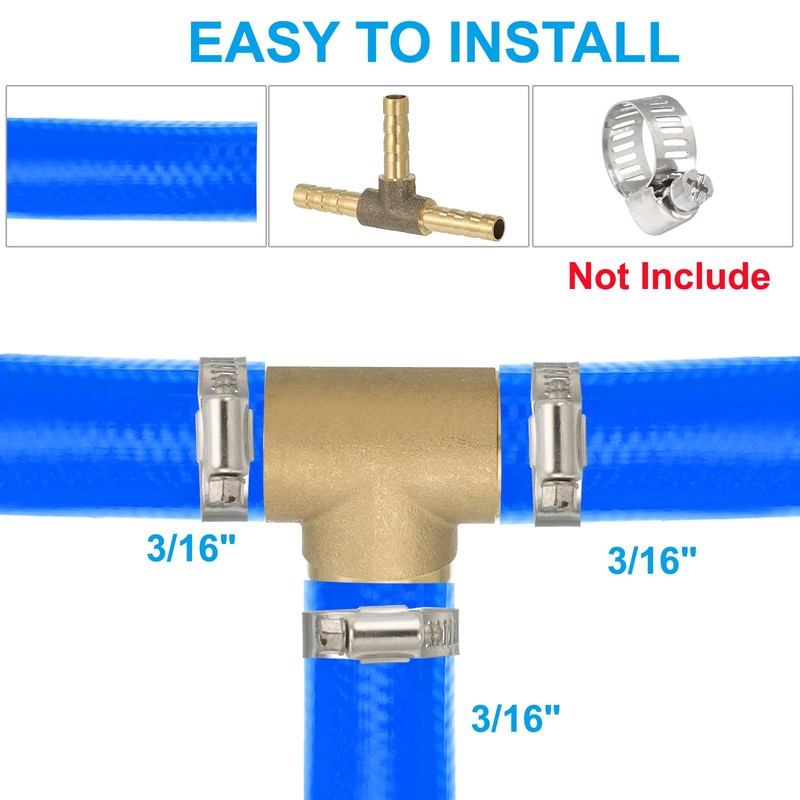 PATIKIL 3/16" Brass Tee Hose Barb Fitting, 3 Ways Union