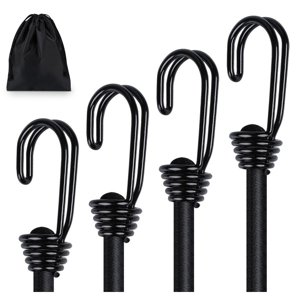 4 x 40" (100CM) Bungee Cords with Hooks, Binswloo Heavy Duty Elasticated Shock Cords Luggage Straps for Securing Outdoor Tarps Tents Camps Garden Furniture, All Black, 1M Long