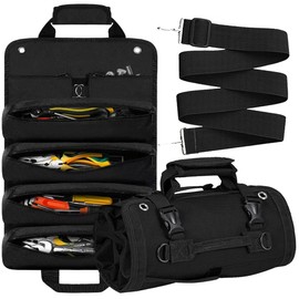 Tool Bag Roll Up, Heavy Duty Rolled Empty Tool Storage Organization, Portable Foldable Rollup Organizer with 2 Small Pouches, Rollable Carrying Toolbag, Dad Men Mechanic Birthday Gifts (Black)