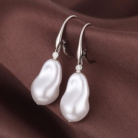 JiaYang Silver Pearl Dangle Earrings for Women 925 Sterling Silver Cubic Zirconia Baroque Pearl Earrings with Fish Hook, CZ Diamond Pearl Earrings Fine Jewellery for Women 8 mm - 10 mm, Sterling