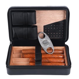Humidor for up to 4 cigars. Woven textured style leather to hold your 69 humidor pack , interior made of cedar wood with cigar cutter, cigar case, cigar humidor for easy portability and travel