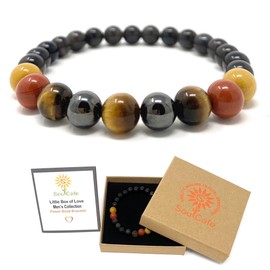SoulCafe Men's Crystal Bead Bracelet - Black Obsidian,Tigers Eye, Red Jasper, Yellow Mookaite, Hematite - Soul Cafe Gift Box & Tag
