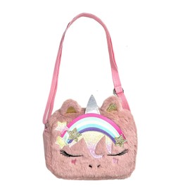 Little Girls Kids Toddler Unicorn Fuzzy Plush Crossbody Purse Rainbow Faux Fur Wallet Handbag