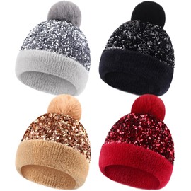 Mumucove 4 Pcs Winter Beanie with Pom Pom Women Sequin Hat Glitter Hat Sequin Faux Fur Hat Warm Winter Skull Cap for Women Supplies