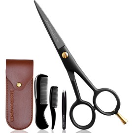 5'' Professional German Beard Scissors for Men- 2 Mustache Combs for Facial Hair with Beautiful Pouch & Tweezer - Mustache Scissors for Men Grooming, Cutting, Styling-Mustache Trimmer