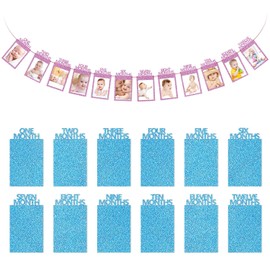 1st Birthday Baby Photo Banner, Party Decoration Photo Banner, Bunting Garland 1 to 12 Months, First Birthday Party Decoration (Blue)