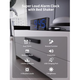 ROCAM Alarm Clock Bedside with Bed Shaker for Heavy Sleepers, Loud Dual Alarm with Weekday/Weekend Mode, Digital Clock with Bold Font, 3-Level Vibrating, USB Port, 5-Level Brightness, 70-120 dB Volume