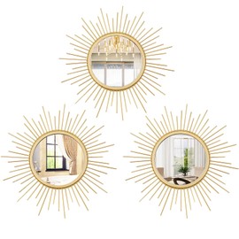 Cityelf 3 Set Gold Sunburst Mirrors for Wall Decorative Metal Mirrors Small Mirror Sets Hanging Mirror Wall Sculpture for Bedroom Living Room Entryway