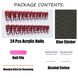 24 Pcs Christmas Press on Nails Long Coffin Buffalo Plaid Fake Nails with Nail Glue Full Cover Acrylic Nails With Design Elk Christmas Tree Design Stick On Nails Xmas False Nails for Women Girls