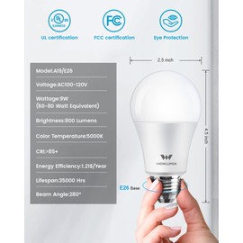 WOWLUMEN A19 LED Light Bulb,9W E26 Light Bulbs(60 Watt/80 Watt Equivalent),5000K Daylight LED Bulbs,Non-Dimmable,800LM Standard Light Bulbs for Bedroom, Kitchen, Living Room, Office,UL Listed,4 Packs