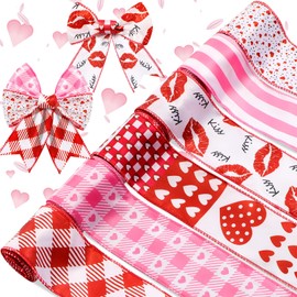 Yunlly 6 Rolls Valentine's Day Wired Edge Ribbon 2.5 Inch Love Heart Buffalo Plaid Lips Stripes Sweet Dots Ribbon with Wire for Valentine's Day Anniversary DIY Wreath Crafts (Elegant)