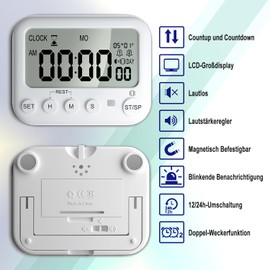 VEHHE Digital Egg Timer with Countdown & Stopwatch - Kitchen Timer with Large LCD, Vibration, Silent Mode, 2 Alarms, 12/24h Display, Magnet & Flashing Light - Digital Timer for Kitchen, Learning