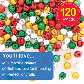 Baker Ross FE799 Small Christmas Craft Bells - Pack of 120, Assorted Colours Jingle Bells for Arts and Crafts Decoration, Christmas Craft Accessories for Children