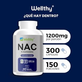 Wellthy NAC N-Acetilcisteína 300 Cápsulas. 1200mg por Porción, Tech Cápsulas Veganas, 100% Natural. Tomar 2 cápsulas al día