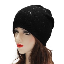 ZLYC Women's Knitted Slouchy Beanie Hat Soft Winter Stretch Skull Cap, Wavy Sequin Black