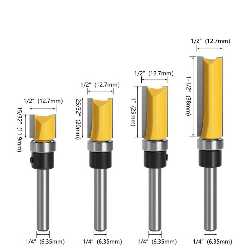 Bohaner 4 Pcs 1/4 Inch Shank Flush Trim Pattern Router
